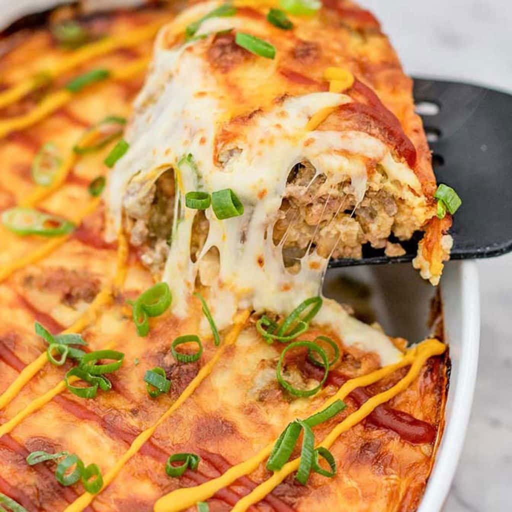 Keto cheeseburger casserole in a casserole dish.