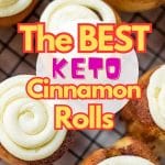 Keto cinnamon rolls on a cooling rack.