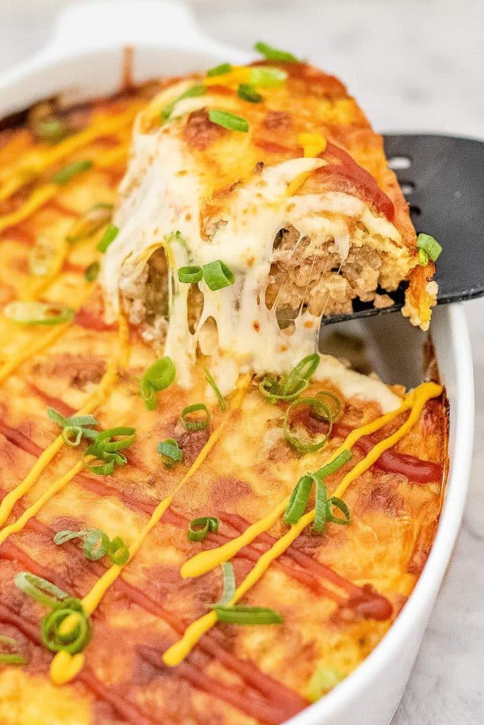 Keto cheeseburger casserole in a baking dish.