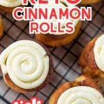 Keto cinnamon rolls on a cooling rack.