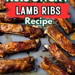 Keto sticky lamb ribs o a baking tray with text saying, "keto sticky lamb ribs."