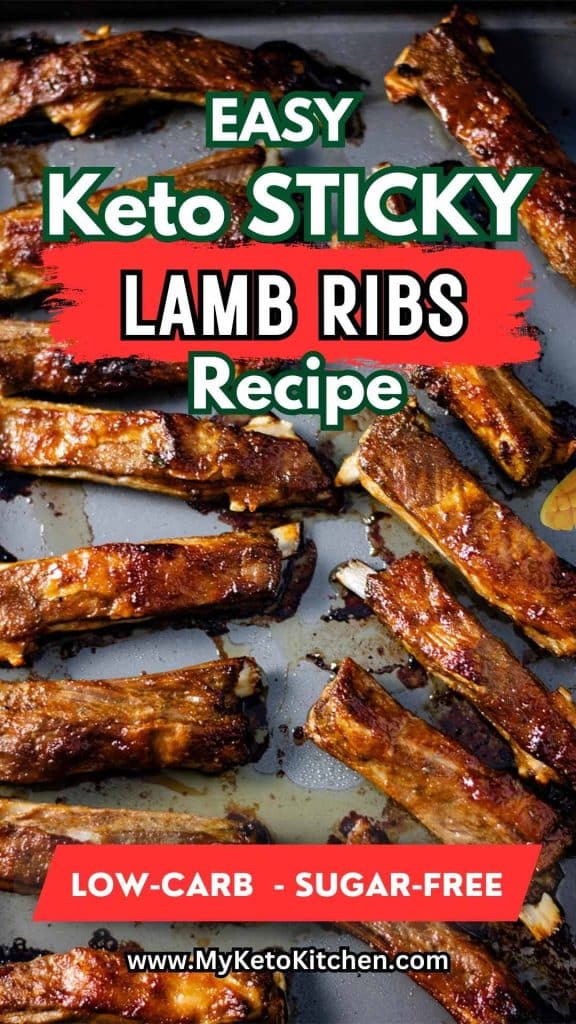 Keto sticky lamb ribs o a baking tray with text saying, "keto sticky lamb ribs."