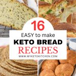 Five images of different keto breads with text saying, "16 easy keto bread recipes."