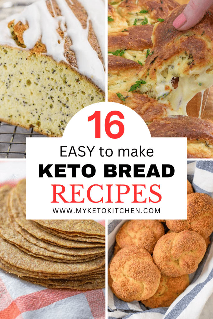Five images of different keto breads with text saying, "16 easy keto bread recipes."