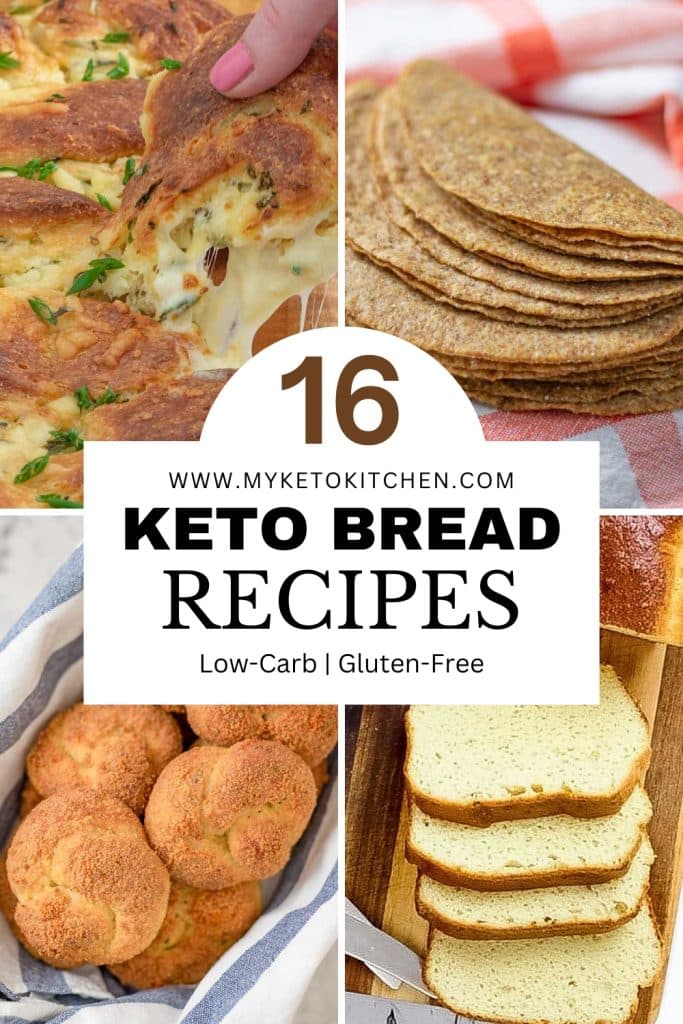 Four images of different keto breads with text saying, "16 easy keto bread recipes."