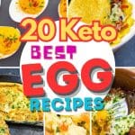 Five images of ket egg recipes, omelet frittata, scrambled eggs, baked eggs, devilled eggs.