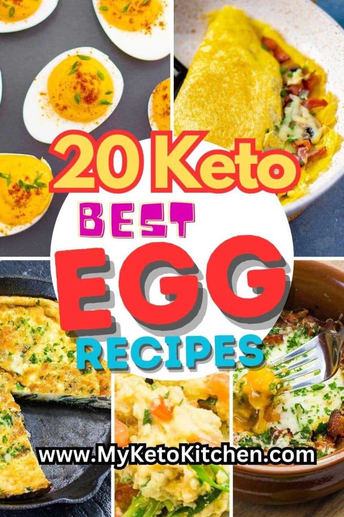 Five images of ket egg recipes, omelet frittata, scrambled eggs, baked eggs, devilled eggs.