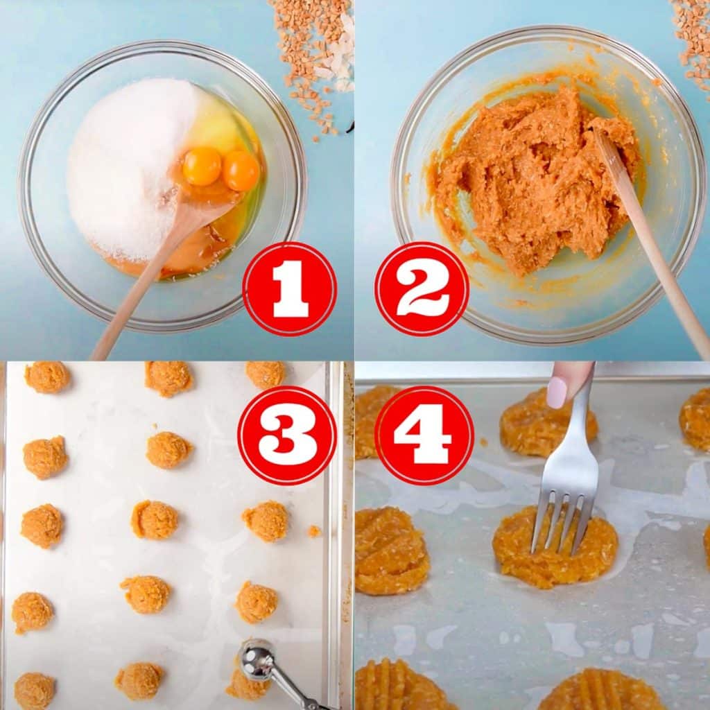 Keto peanut butter cookies step by step instructions with four images of the cooking process.