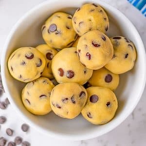 Keto cookie dough balls in a bowl.