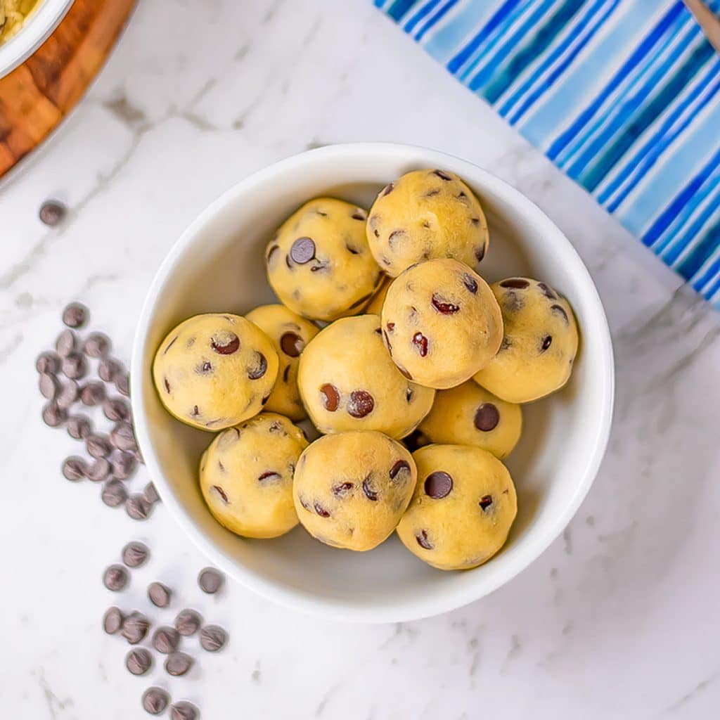 Keto cookie dough balls in a bowl.