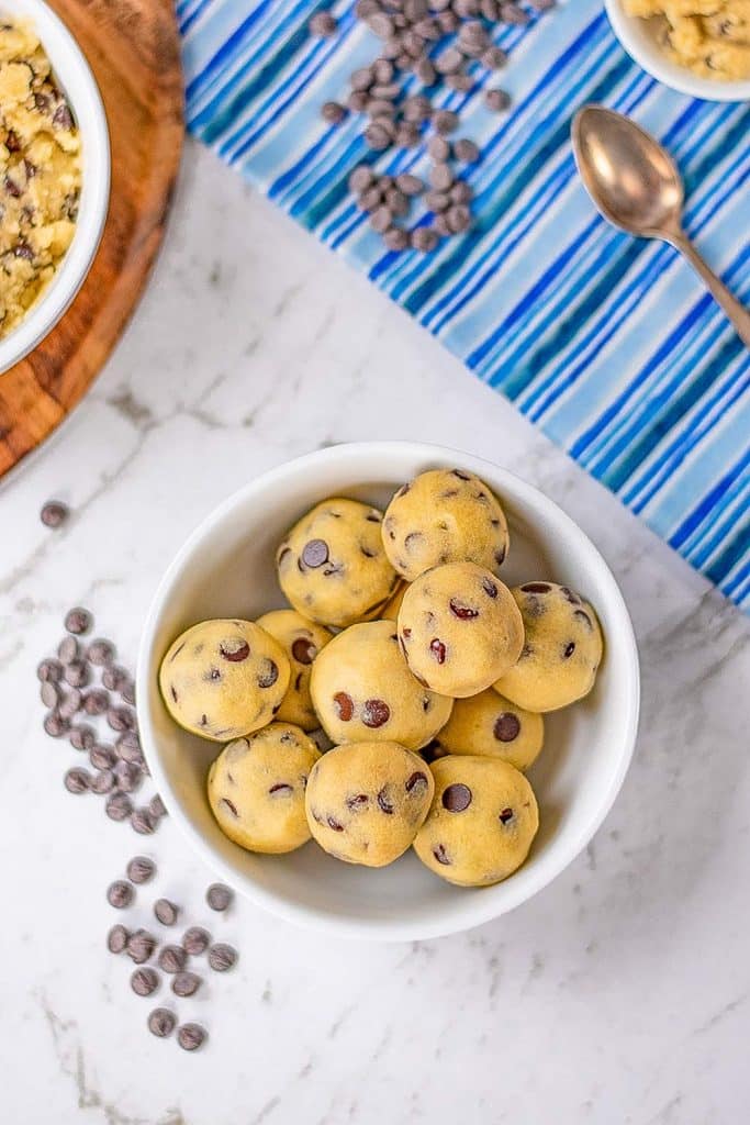 Keto cookie dough balls in a bowl.