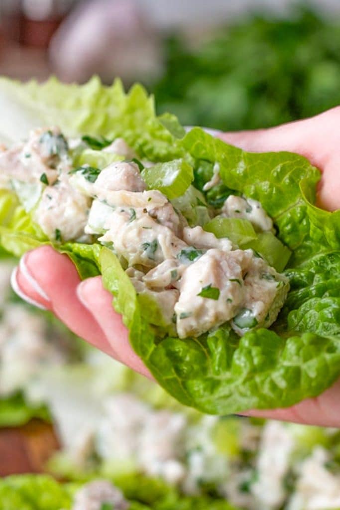 A hand holding keto chicken salad in a lettuce cup.