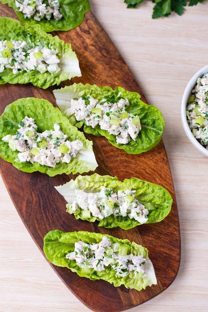 Keto chicken salad in lettuce cups.