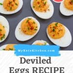 Keto deviled eggs cover page with text and image.