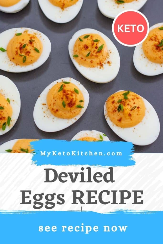 Keto deviled eggs cover page with text and image.