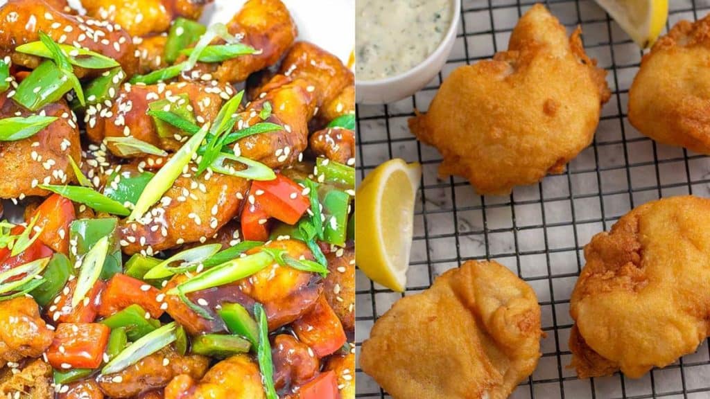Keto sweet and sour pork and keto deep fried battered fish.