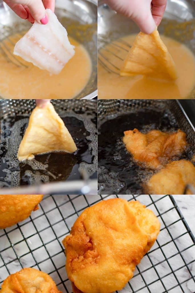 Keto batter. 5 stages of battering and frying of fish.