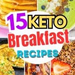 Five images of keto breakfast recipes with frittata, cereal, pancakes and smoothie bowls.