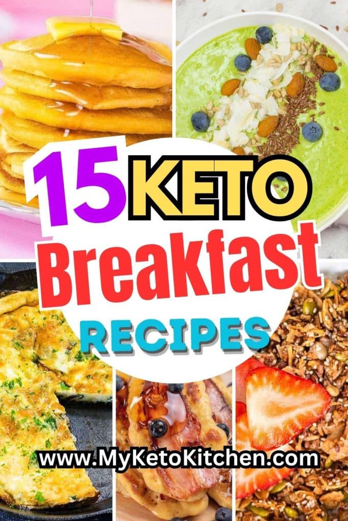 Five images of keto breakfast recipes with frittata, cereal, pancakes and smoothie bowls.