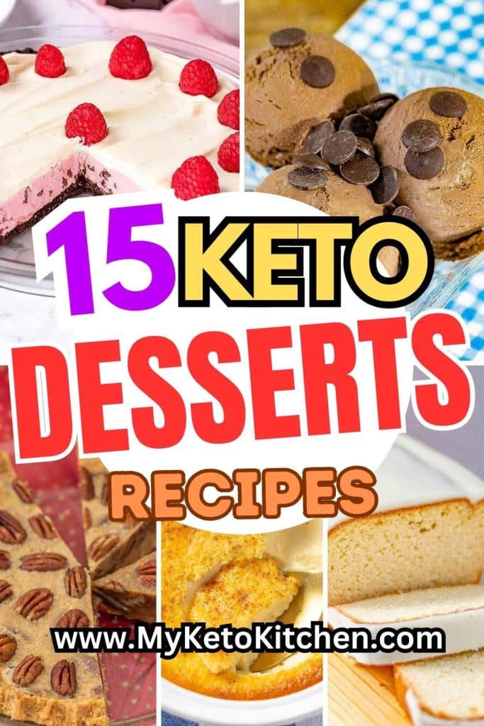 Five keto dessert recipes. Pecan pie, ice cream, cream pie, custard and pound cake.