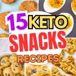 Five keto snacks images. Peanut butter cookies, blondies, deviled eggs, peanut brittle and cookie dough.