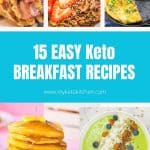 Five images of keto breakfast recipes with frittata, cereal, pancakes, and smoothie bowls.
