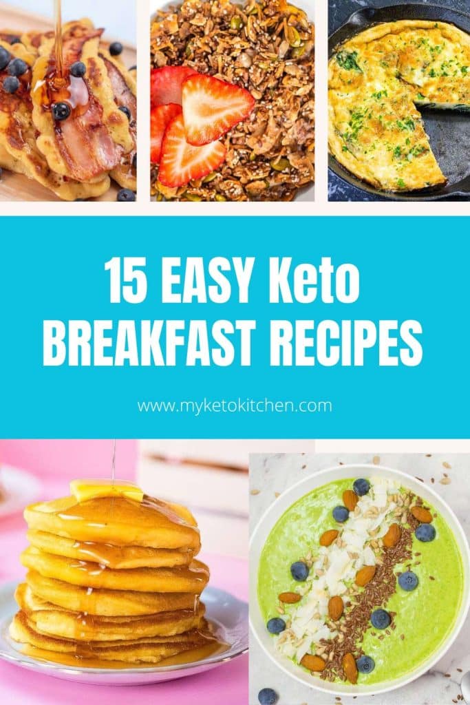 Five images of keto breakfast recipes with frittata, cereal, pancakes, and smoothie bowls.