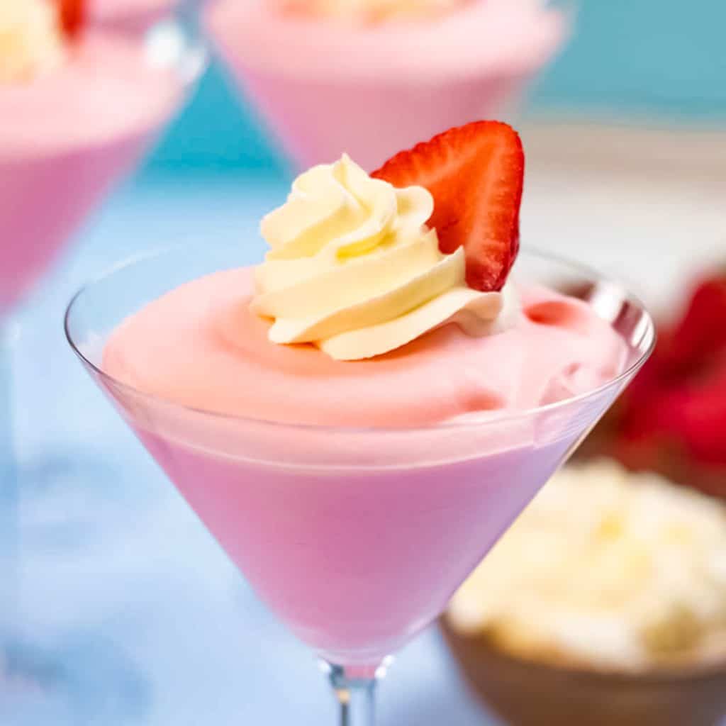 Strawberry mousse in a glass.
