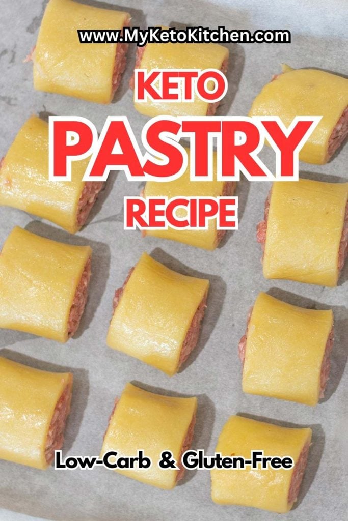 Keto sausage rolls pastry on a baking tray with baking paper.