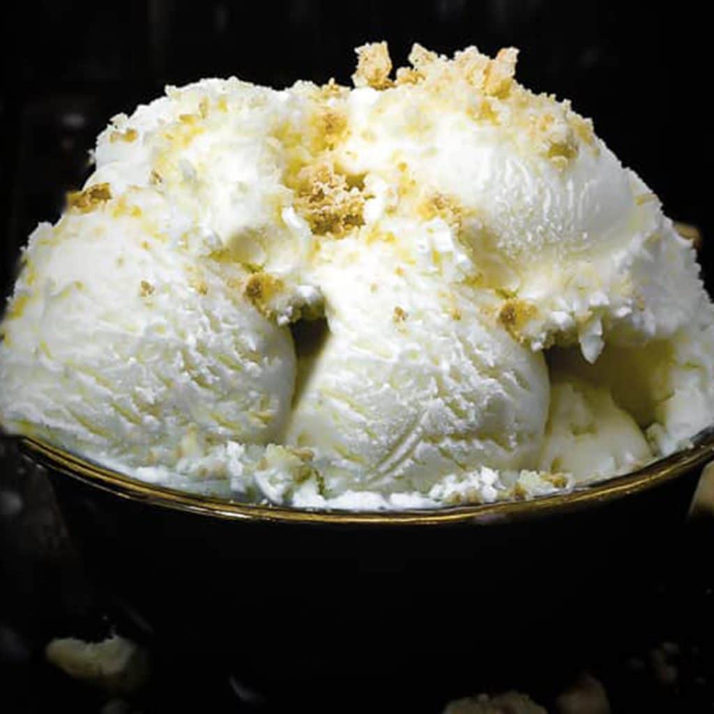 Keto cheesecake ice cream in a bowl.