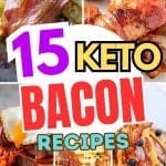 Five keto bacon recipes. Cabbage bacon, cabbage sausage, bacon soup, bacon pancakes and bacon sandwich.