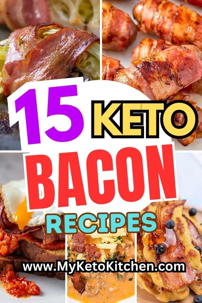 Five keto bacon recipes. Cabbage bacon, cabbage sausage, bacon soup, bacon pancakes and bacon sandwich.