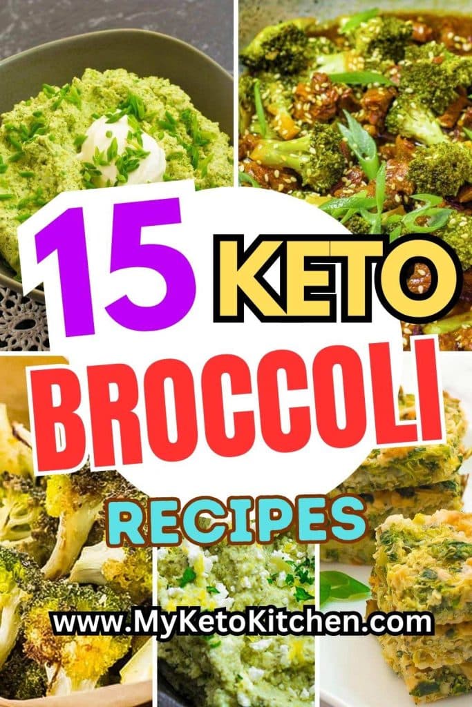 Five keto recipe images. Broccoli bite, broccoli quiche, beef and broccoli, crispy broccoli and broccoli mash.