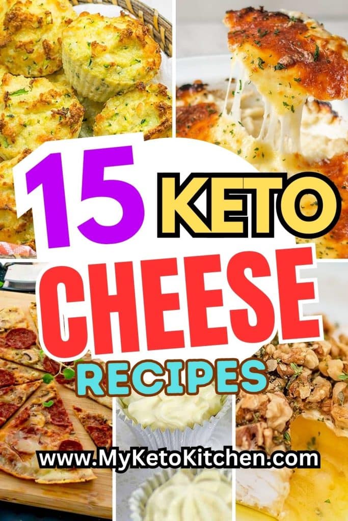 5 images of keto cheese recipes. Muffins, casserole, baked brie, fat bombs, pizza.