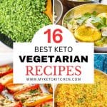 Four keto vegetarian dishes. Broccoli rice, egg soup, stuffed peppers, Indian dahl.