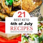 4 images of keto recipes for the 4th of July. Chicken wings, jello slice, broccoli salad, and cottage pie.