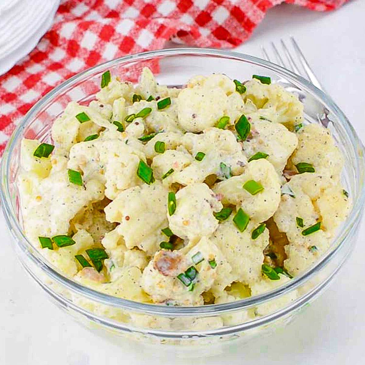 Keto cauliflower salad in a bowl.