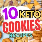 Five images of keto cookies. Peanut butter cookies, pecan cookies, can corn cookies, cookie dough. and macadamia nut cookies.