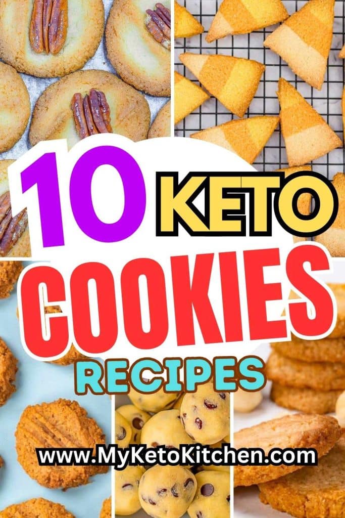 Five images of keto cookies. Peanut butter cookies, pecan cookies, can corn cookies, cookie dough. and macadamia nut cookies.