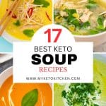 Four images of keto soups. Tomato, leek, chicken noodle, and laksa.