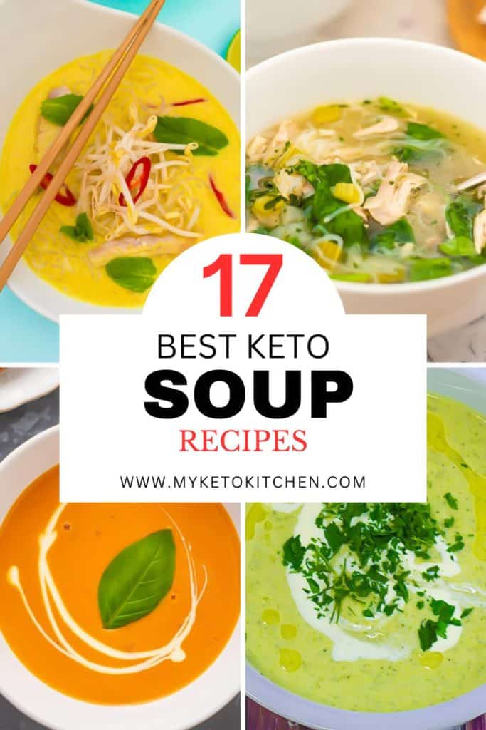Four images of keto soups. Tomato, leek, chicken noodle, and laksa.