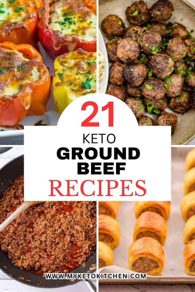 Four images of keto ground beef recipes. Meatballs, sausage rolls, stuffed peppers, chili con carne.