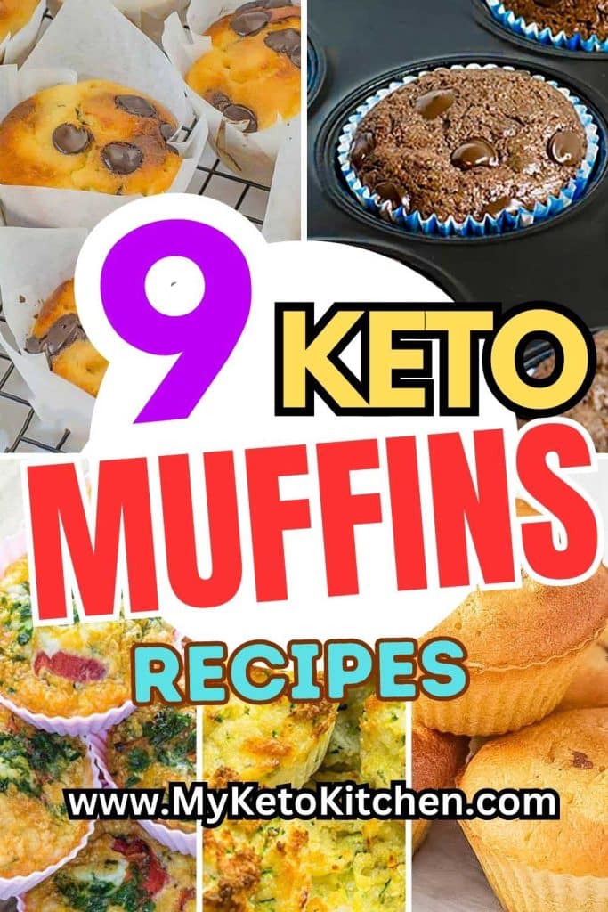 Five images of keto muffins. Chocolate chip muffins, double chocolate muffins, pancake muffins, zucchini muffins and egg muffins.