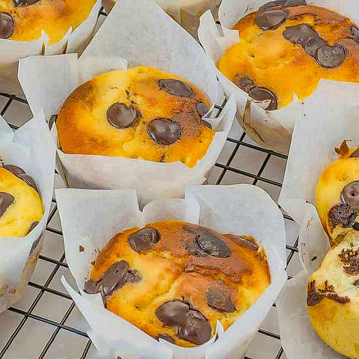Keto chocolate chip muffins on a rack.