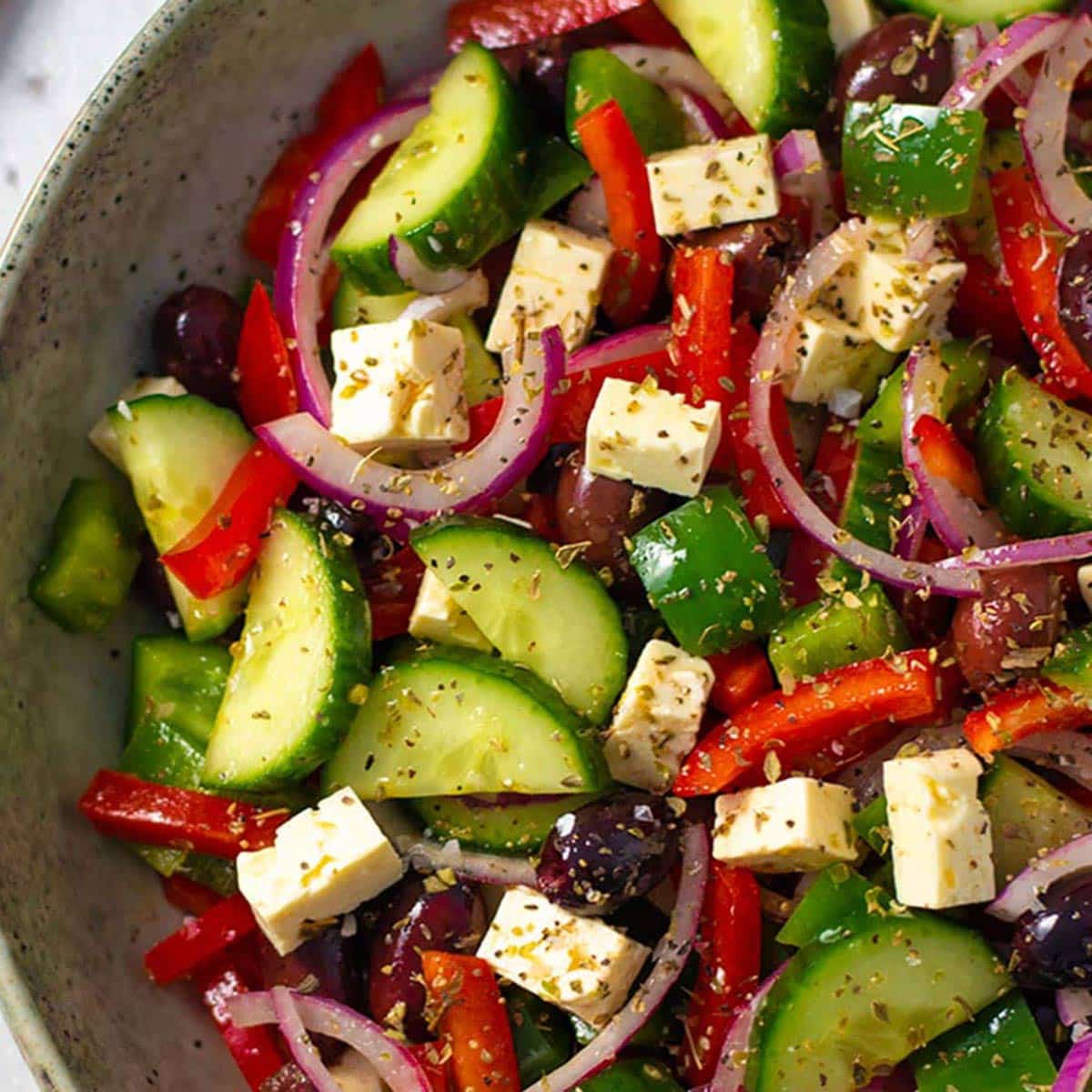 Keto Greek cucumber salad in a bowl.