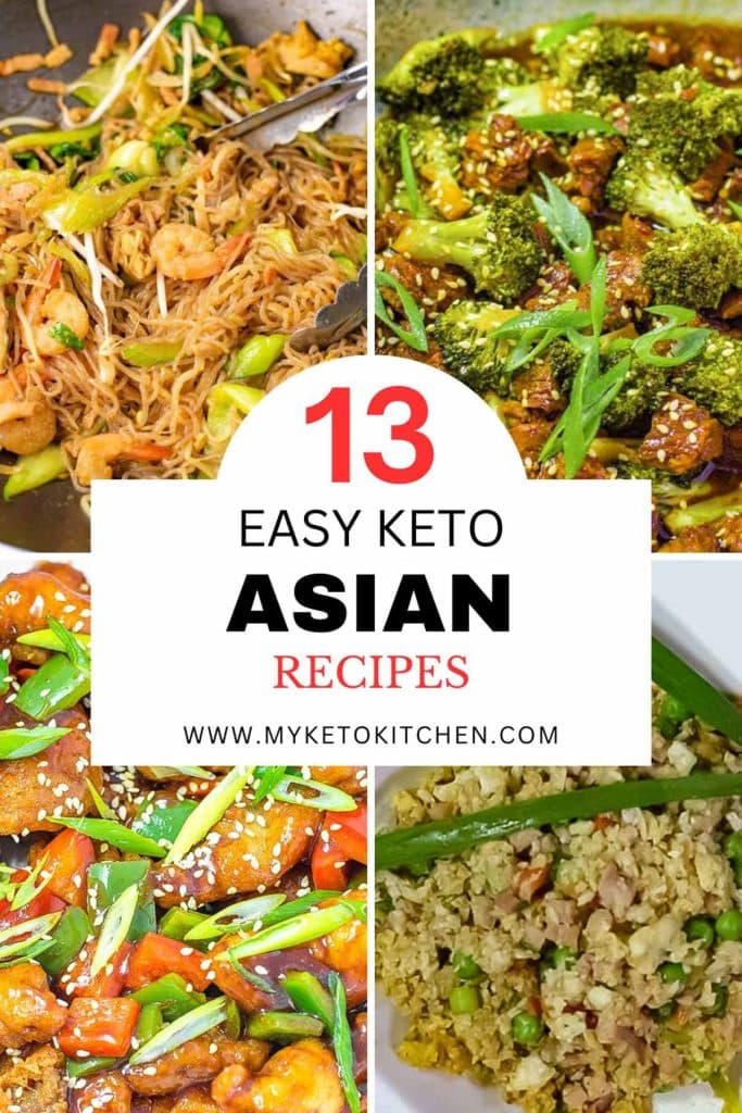 Four keto asian recipes. Fried rice, sweet and sour pork, broccoli beef, and stir fried noodles.