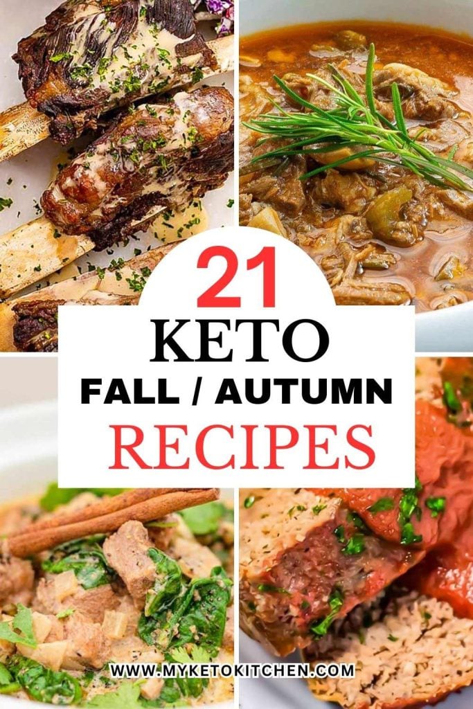 Four images of keto fall recipes. Lamb stew, pork stew, beef ribs and meatloaf.