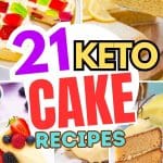 Five images of keto cakes. Chocolate cake, olive oil cake, cheesecake, jello cake and caramel mud cake.