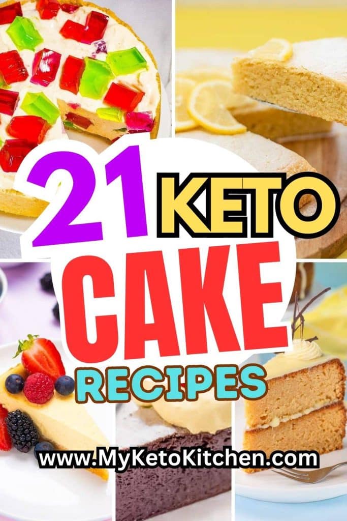 Five images of keto cakes. Chocolate cake, olive oil cake, cheesecake, jello cake and caramel mud cake.