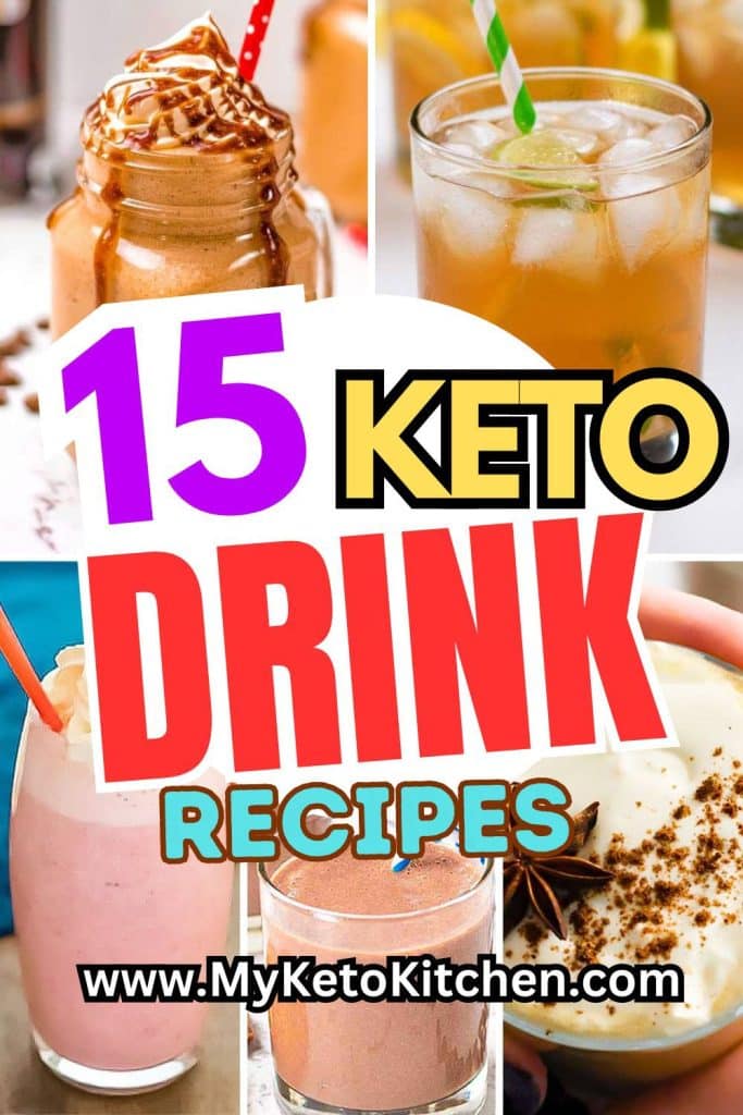 5 images of keto drinks. Ice tea, cha latte, caramel, strawberry smoothie and chocolate milk.